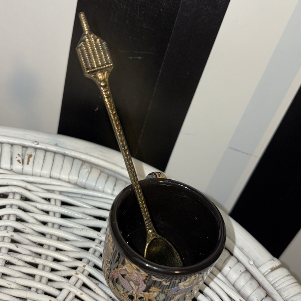 1960s Black and Gold Greek Gods Motif Mini Tea Cup /Saucer Set 24K Gold & Spoon - Picture 7 of 17